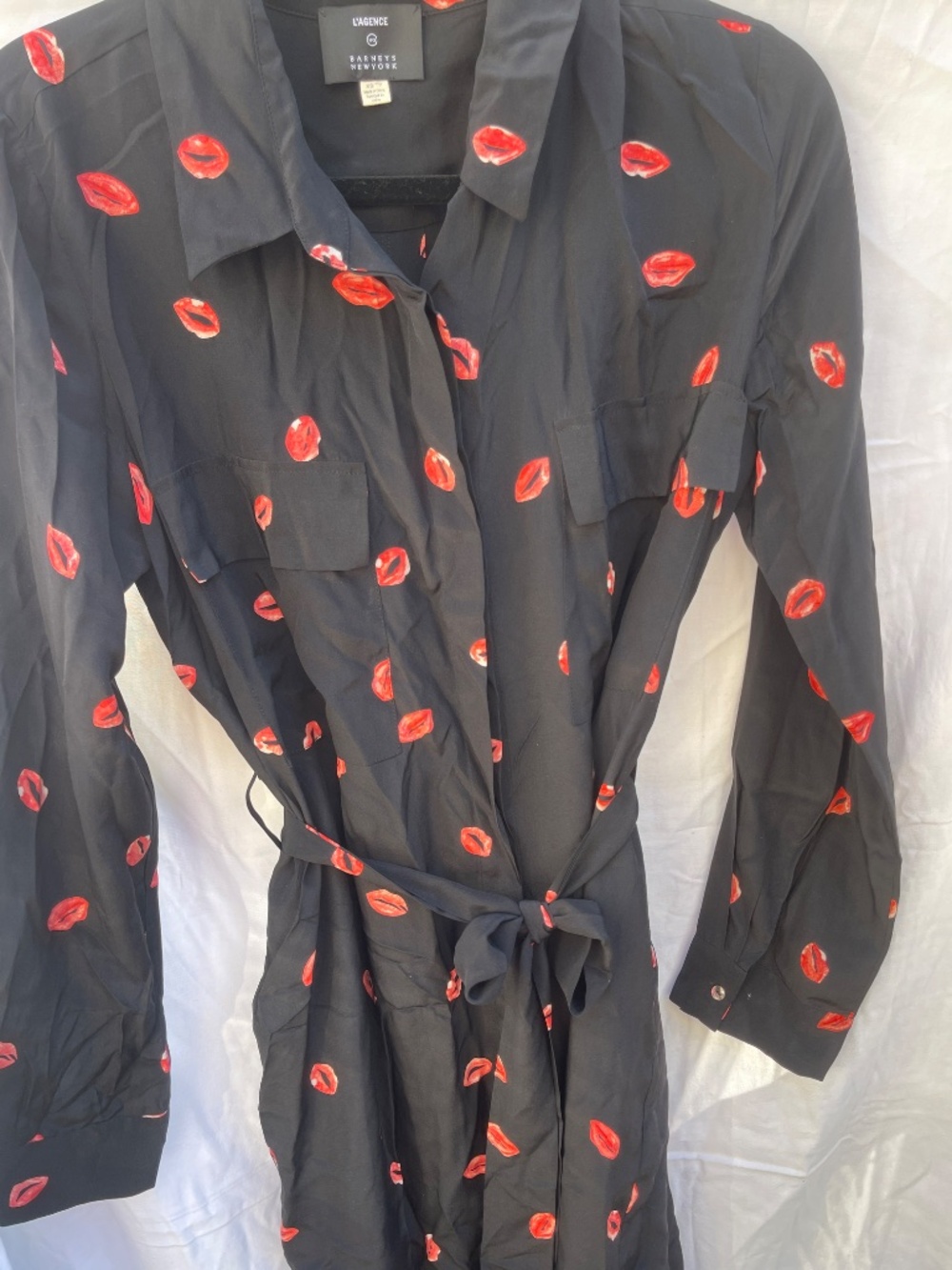 L’AGENCE x Barneys New York Lip Print Shirt Dress XS Black Silk Blend Belted